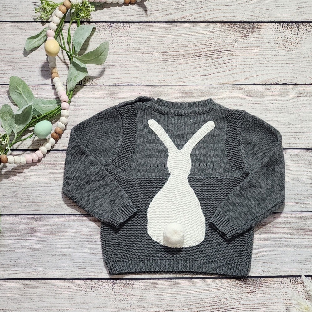 Tong Peng Tong You Gray Bunny Sweater with white fluffy pom tail Size 18-24 m